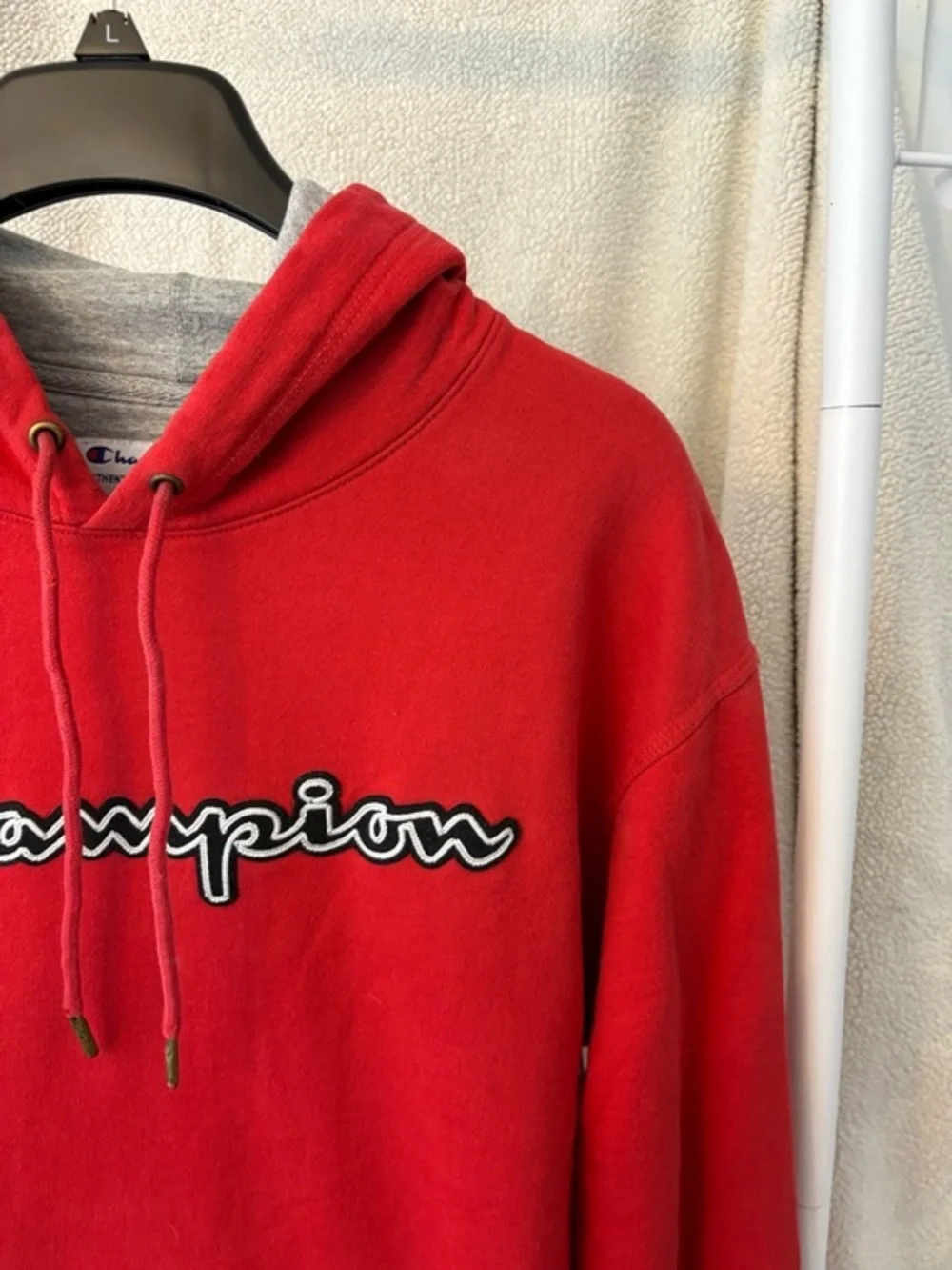 Champion Red Logo Hoodie Sweatshirt Size Large Cotton - Picture 9 of 13